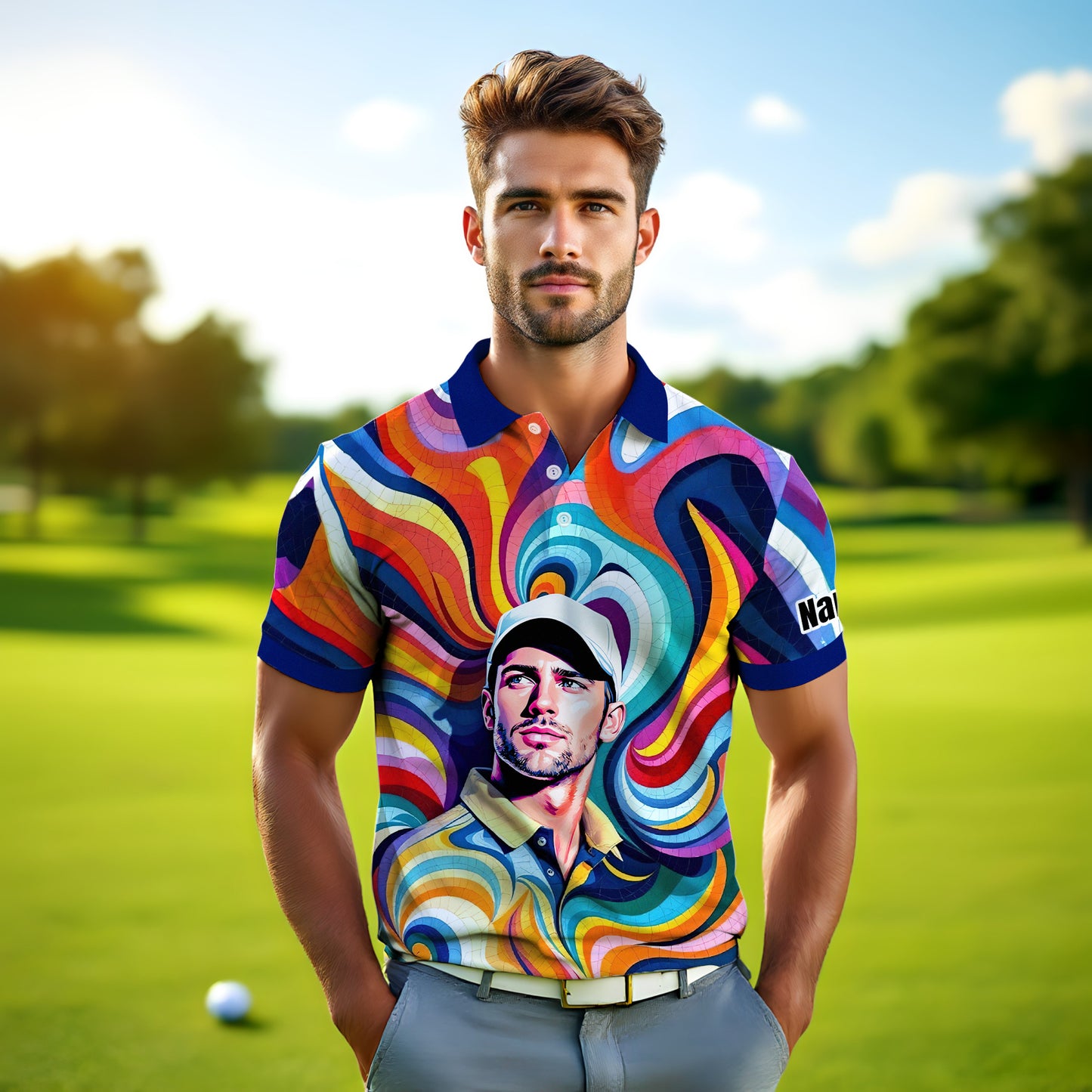 Personalized Mosaic Portrait Polo — Custom Face Mosaic Art Style Shirt Style 4