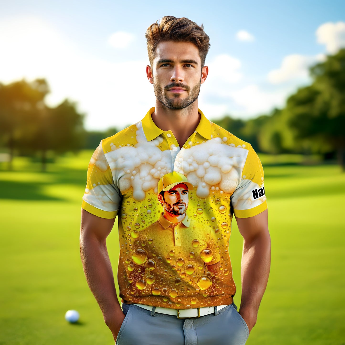 HomyGifts Men's Customized Face Artistic Golf Polo Shirt, Beer pattern Design, Special Gift for Beer & Golf Lovers, Summer Party Outfit, Unique Gift for Men Style 5