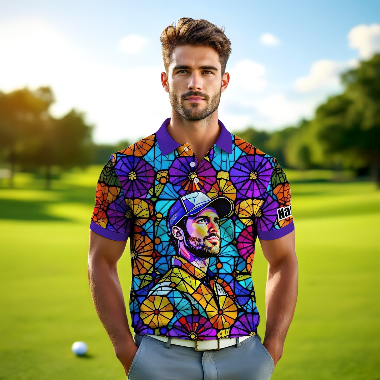 Custom Face Golf Polo Shirt – Personalized Stained Glass Art Shirt, Unique Golf Gift for Him, Colorful Abstract Golf Polo, Custom Sportswear