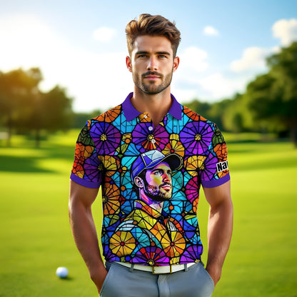 Custom Face Golf Polo Shirt – Personalized Stained Glass Art Shirt, Unique Golf Gift for Him, Colorful Abstract Golf Polo, Custom Sportswear