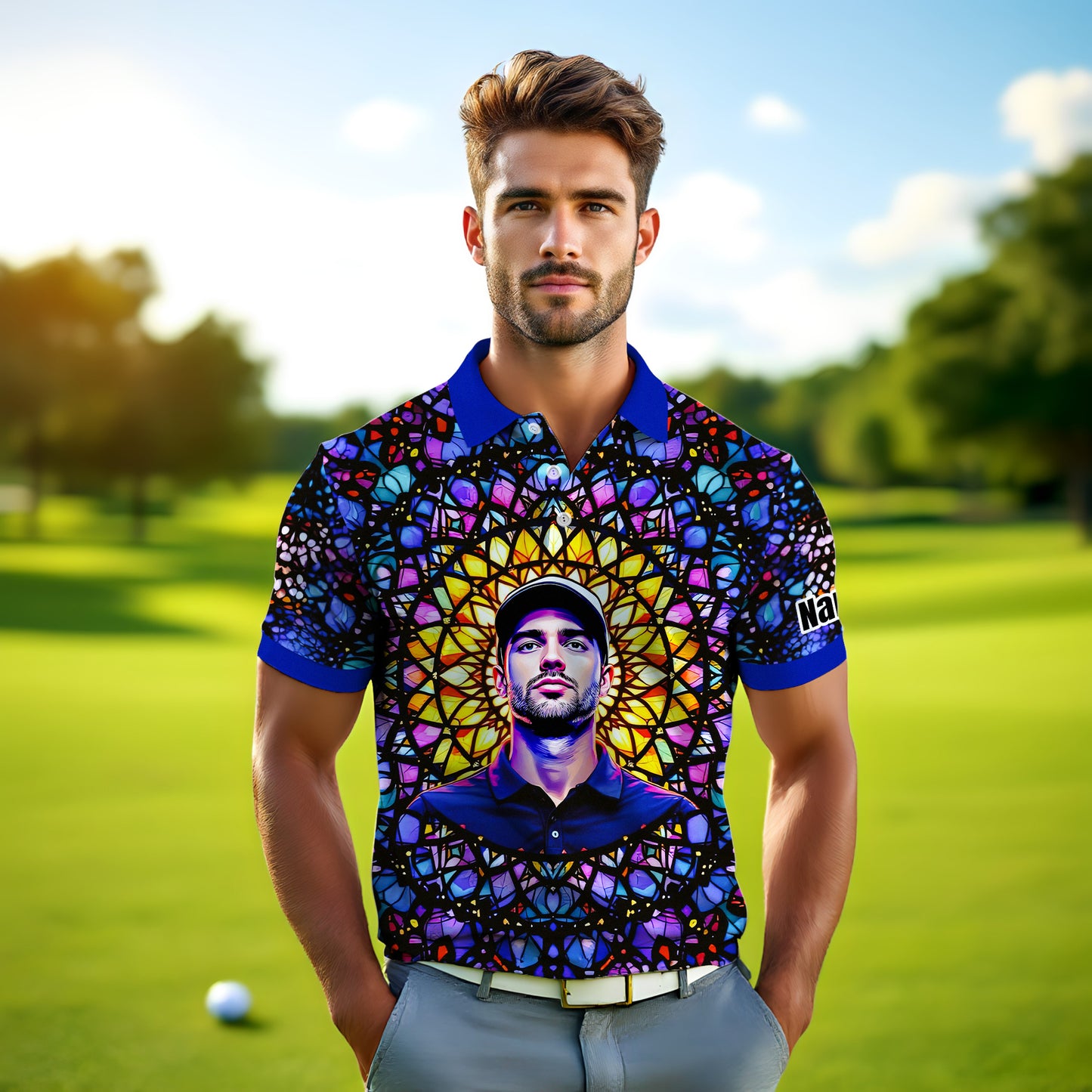 Custom Face Golf Polo Shirt – Personalized Stained Glass Mandala Style Polo, Unique Gift for Men & Women, Vibrant Artistic Golf Shirt, Custom Photo Polo