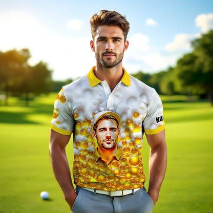 HomyGifts Men's Customized Face Artistic Golf Polo Shirt, Beer pattern Design, Special Gift for Beer & Golf Lovers, Summer Party Outfit, Unique Gift for Men Style 2