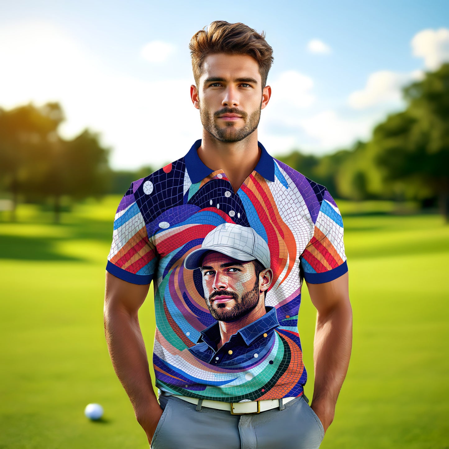 HomyGifts Men's Customized Face Artistic Golf Polo Shirt, Mosaic Art Style, Unique Personalized Golf Polo For Men Style 6