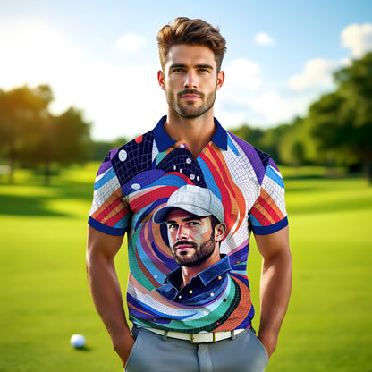 HomyGifts Men's Customized Face Artistic Golf Polo Shirt, Mosaic Art Style, Unique Personalized Golf Polo For Men Style 6