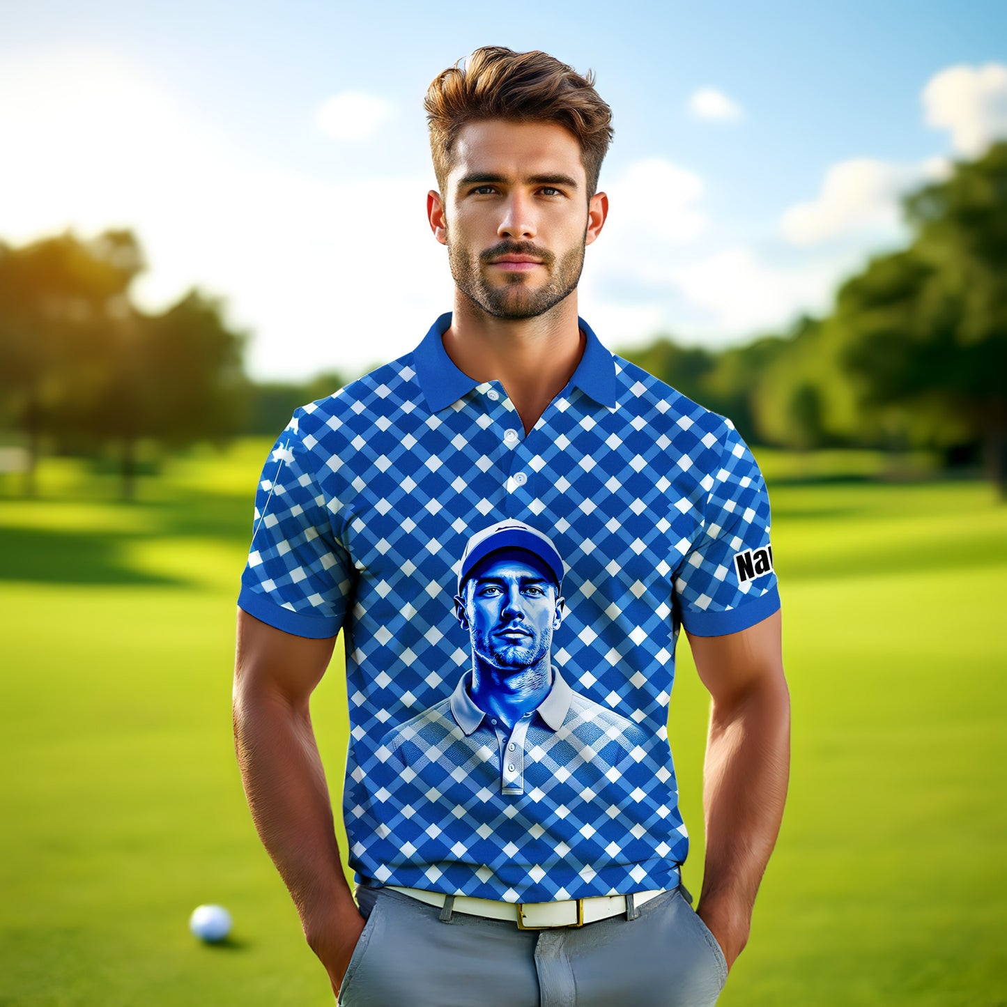 Custom Face Polo Shirt – Geometric Diamond Pattern | Personalized Photo Golf Polo | Unique Gift for Him, Retro Geometric Style Shirt Style 14