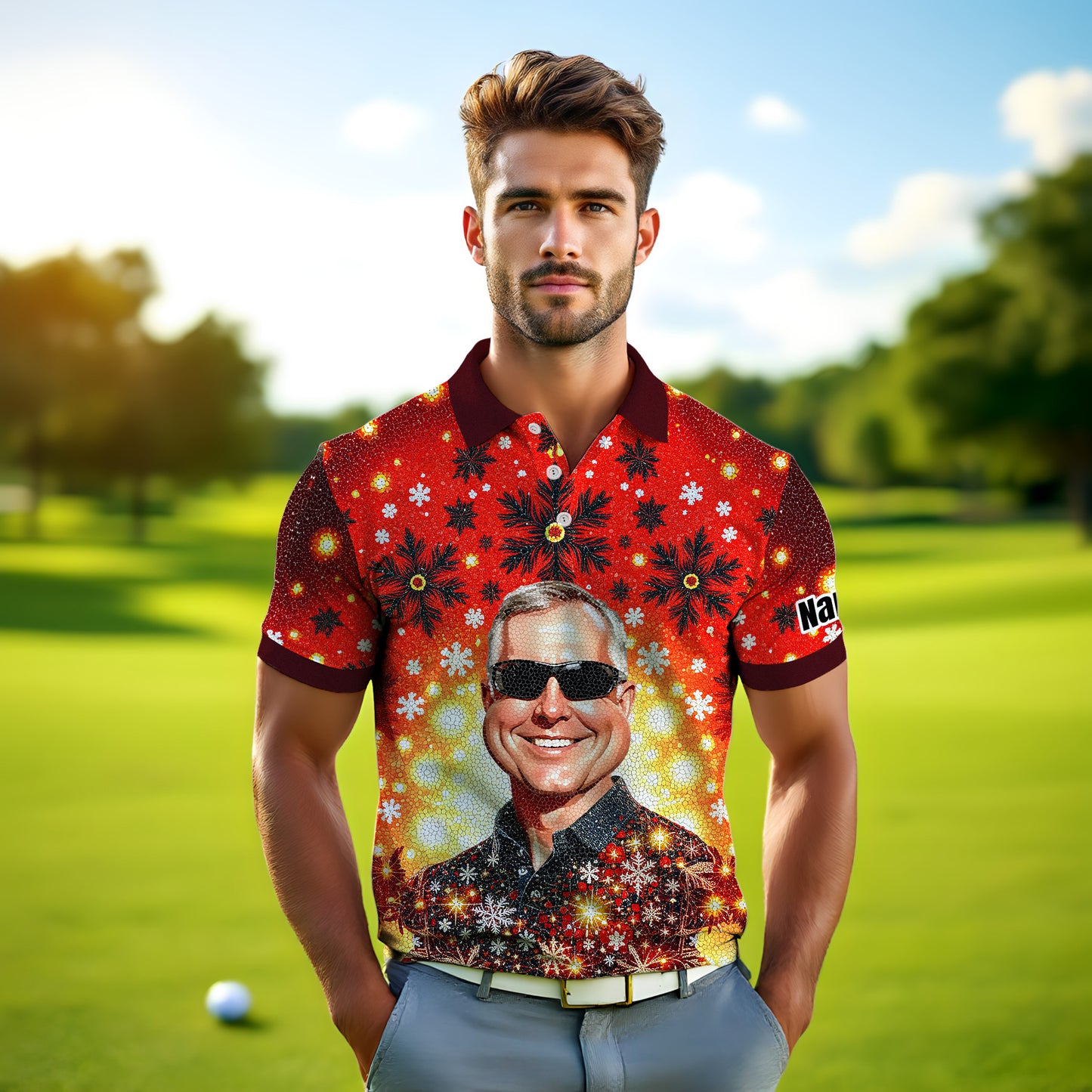 Custom Face Golf Polo Shirt – Personalized Christmas Golf Shirt for Him, Unique Holiday Gift for Golfer, Snowflake Mosaic Art Design Golf Apparel Style 13.2