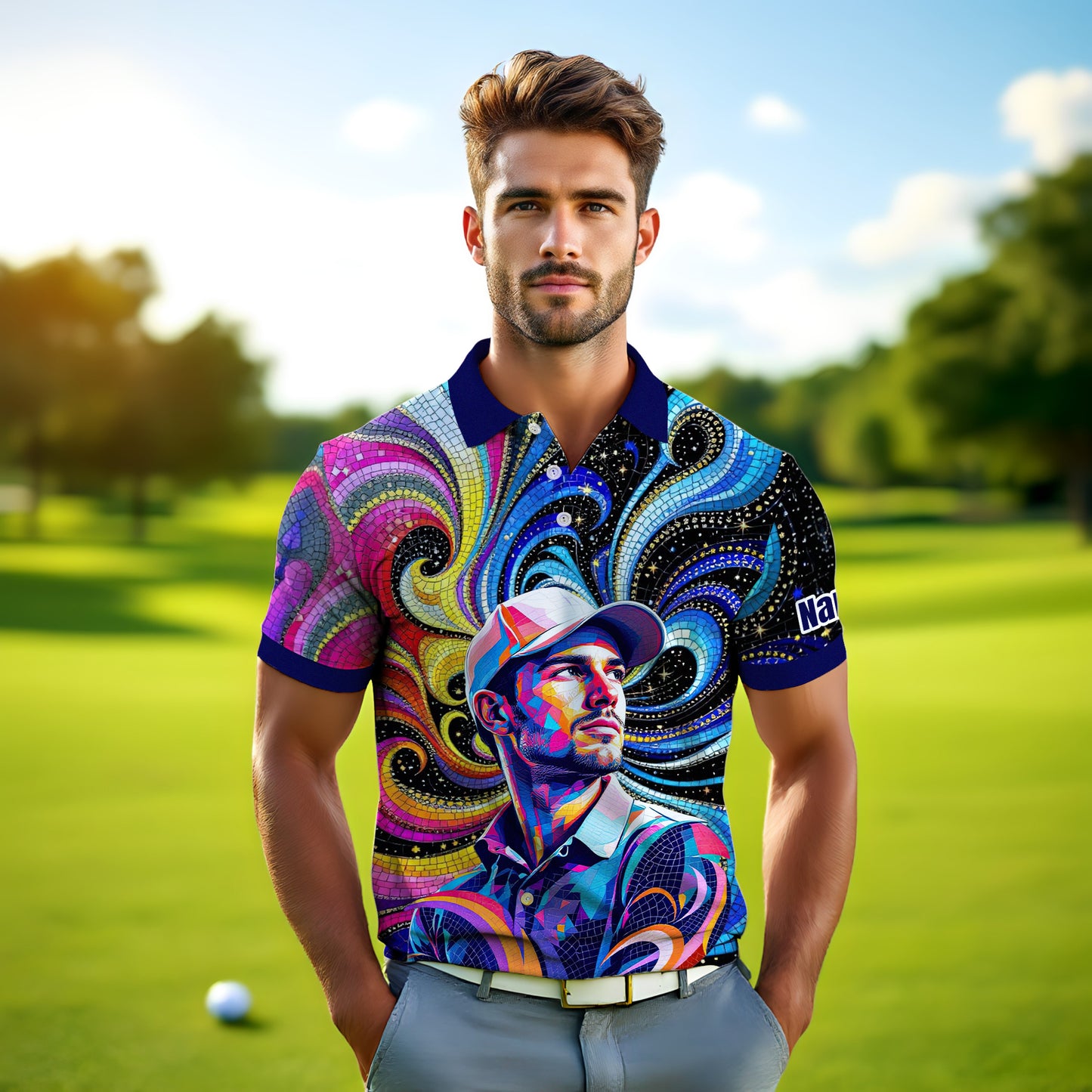 HomyGifts Men's Customized Face Artistic Golf Polo Shirt, Mosaic Art Style, Unique Personalized Golf Polo For Men