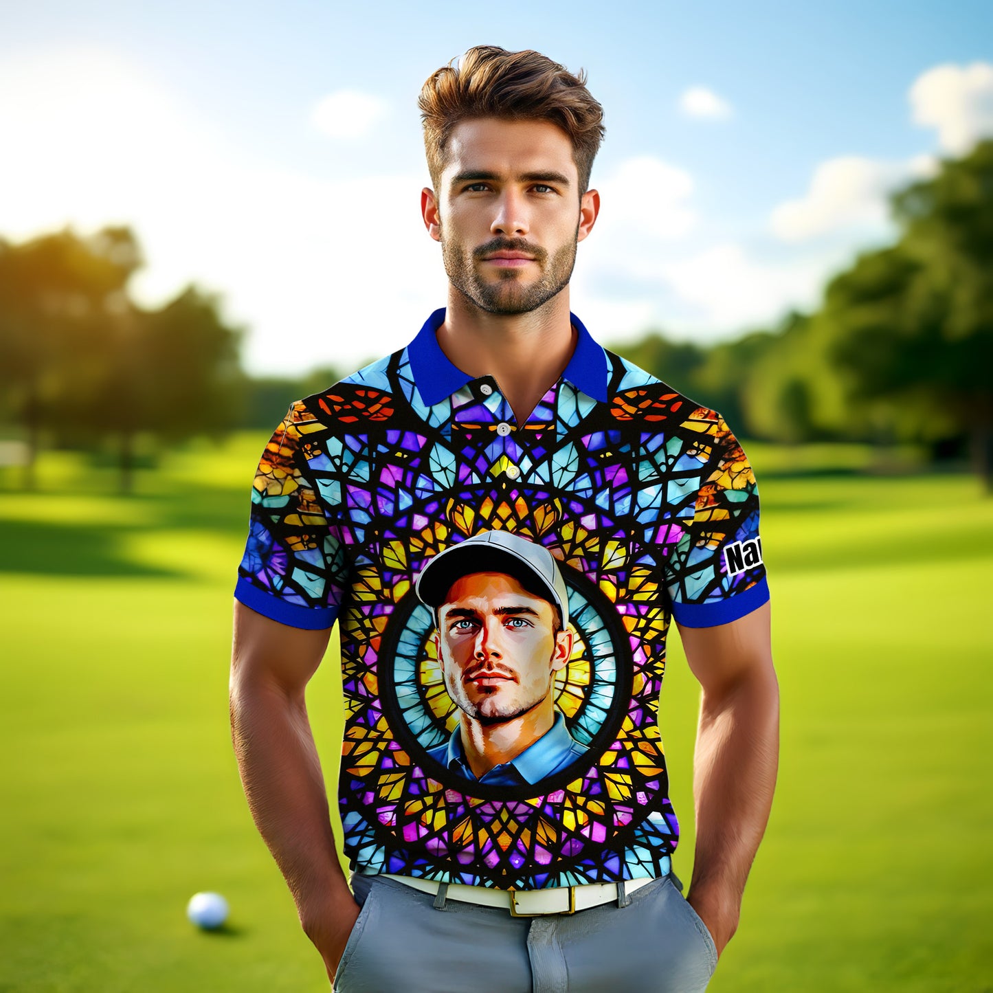 Custom Face Golf Polo Shirt – Personalized Stained Glass Mandala Style Polo, Unique Gift for Men & Women, Vibrant Artistic Golf Shirt, Custom Photo Polo