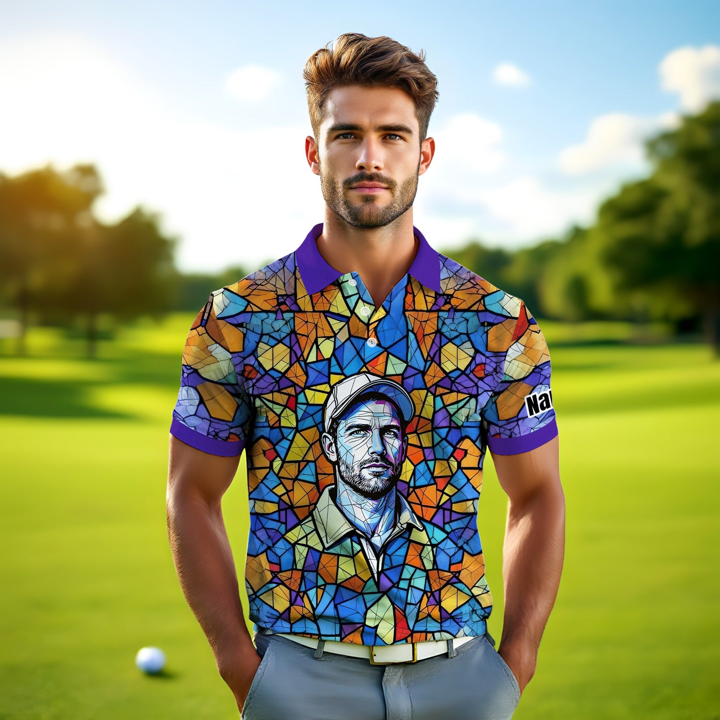 Custom Face Golf Polo Shirt – Personalized Stained Glass Art Shirt, Unique Golf Gift for Him, Colorful Abstract Golf Polo, Custom Sportswear