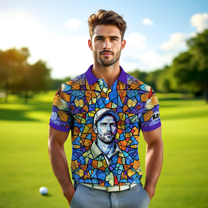 Custom Face Golf Polo Shirt – Personalized Stained Glass Art Shirt, Unique Golf Gift for Him, Colorful Abstract Golf Polo, Custom Sportswear