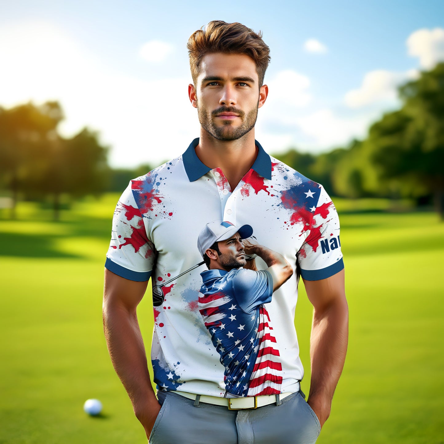 HomyGifts Men's Customized Face Artistic Golf Polo Shirt, Personalized American Flag Design, Unique Gift for Patriotic Golfers Style 20