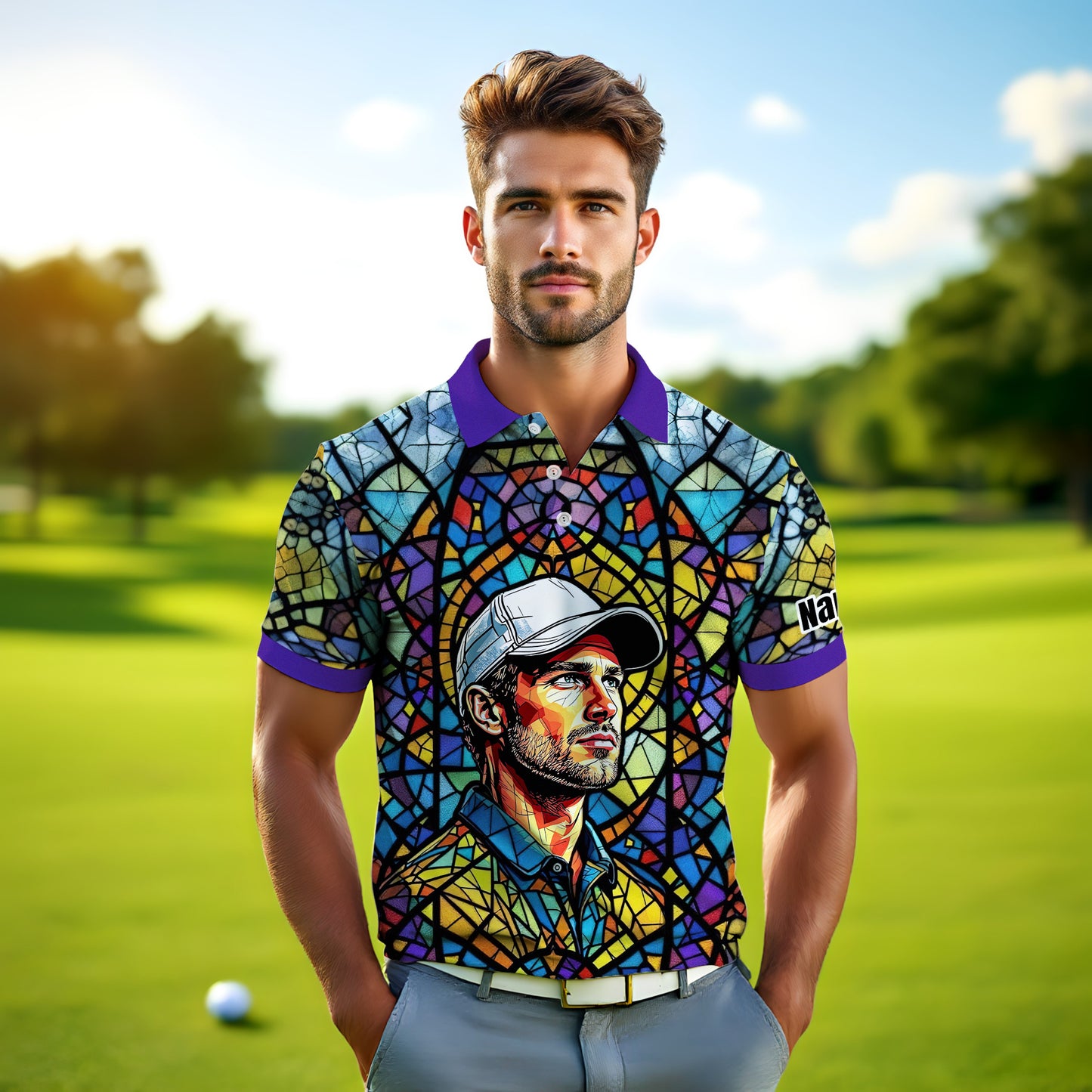 Custom Face Golf Polo Shirt – Personalized Stained Glass Art Shirt, Unique Golf Gift for Him, Colorful Abstract Golf Polo, Custom Sportswear
