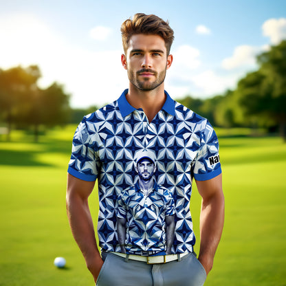 Custom Face Polo Shirt – Geometric Diamond Pattern | Personalized Photo Golf Polo | Unique Gift for Him, Retro Geometric Style Shirt Style 17