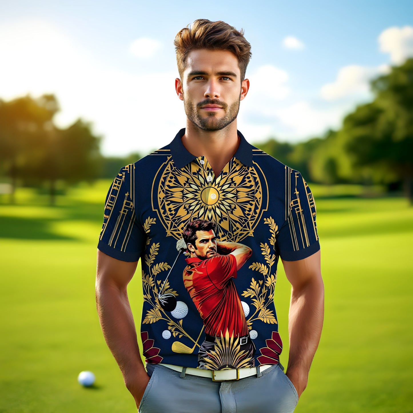 Custom Face Golf Polo Shirt – Swing in Gold Art Deco Revival Style | Personalized Golf Shirt for Men Style 8