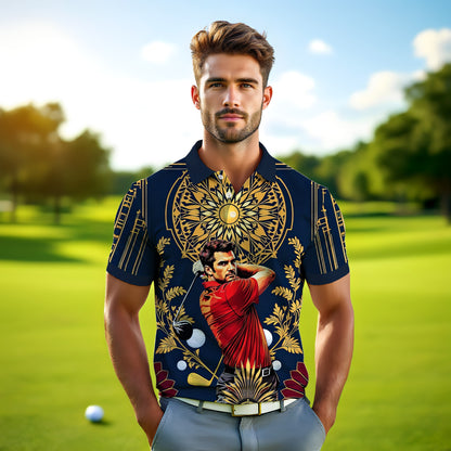 Custom Face Golf Polo Shirt – Swing in Gold Art Deco Revival Style | Personalized Golf Shirt for Men Style 8