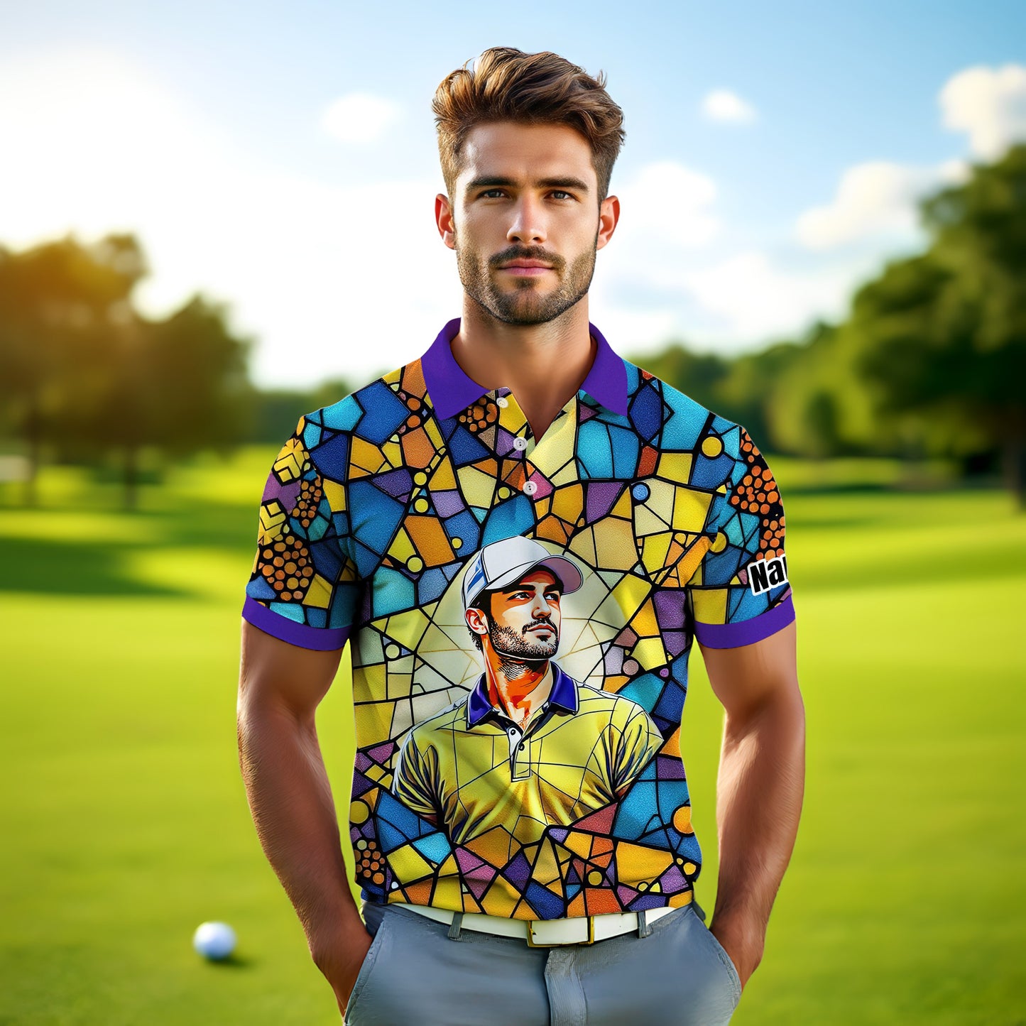 Custom Face Golf Polo Shirt – Personalized Stained Glass Art Shirt, Unique Golf Gift for Him, Colorful Abstract Golf Polo, Custom Sportswear