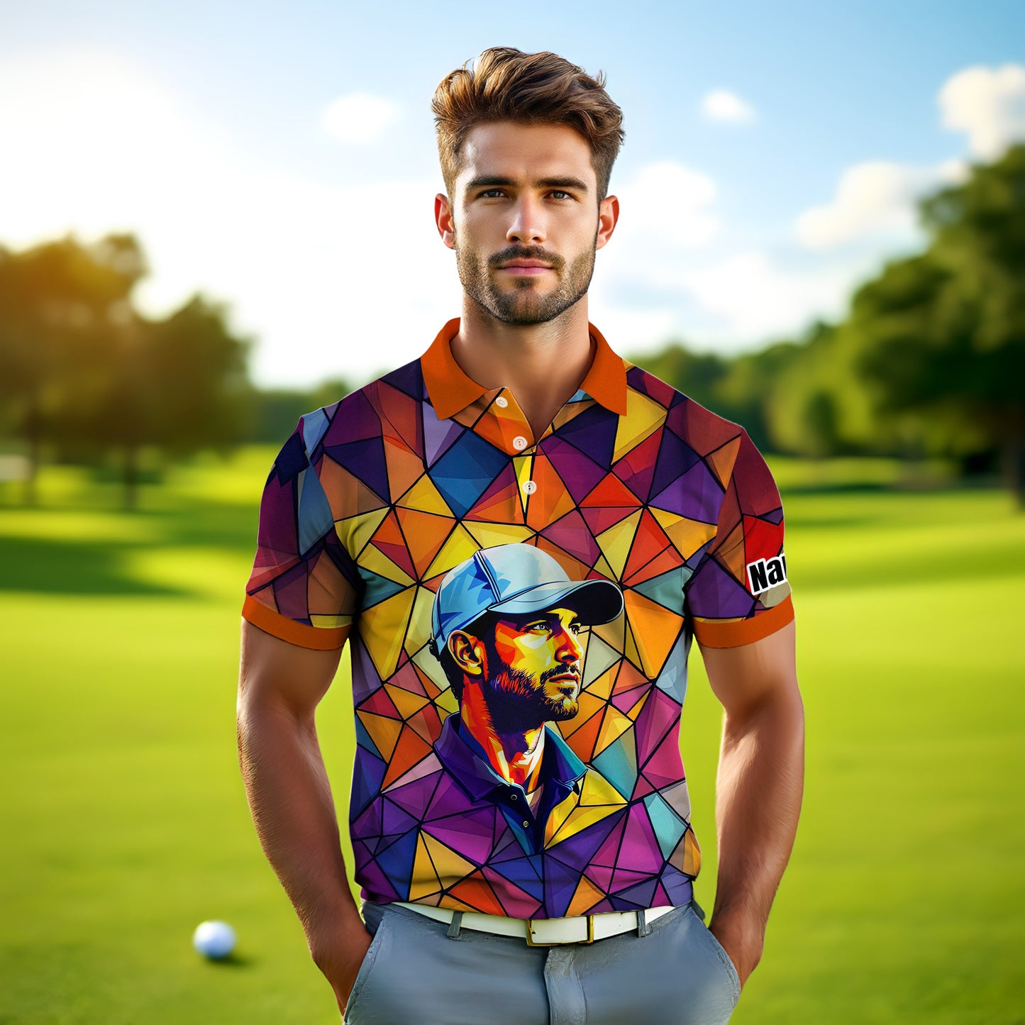 Angular Geometric Glass Pattern Custom Face Polo — Stained-Glass Mosaic Print, Personalized Sublimation Golf Shirt, Vibrant Geometric Portrait Tee