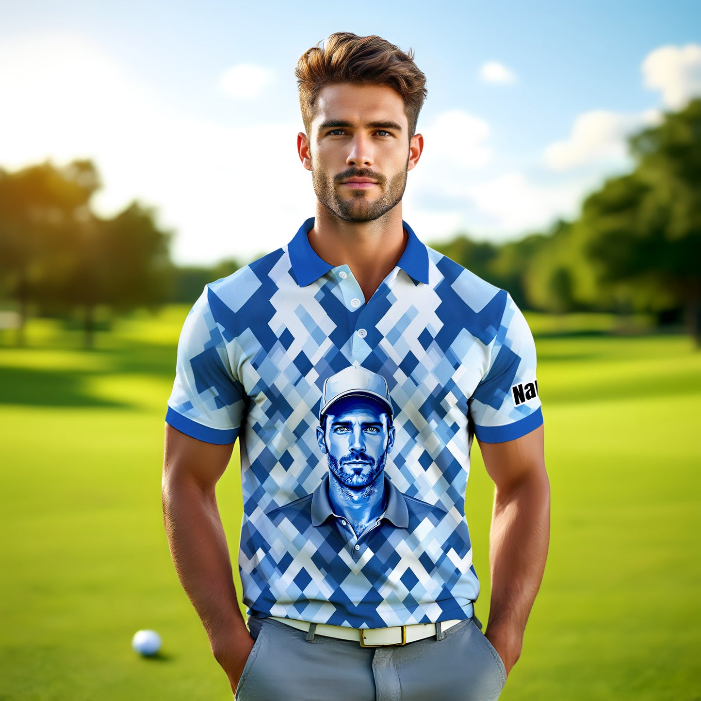 Custom Face Polo Shirt – Geometric Diamond Pattern | Personalized Photo Golf Polo | Unique Gift for Him, Retro Geometric Style Shirt Style 12