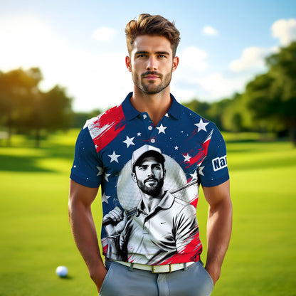 HomyGifts Men's Customized Face Artistic Golf Polo Shirt, Personalized American Flag Design, Unique Gift for Patriotic Golfers Style 25