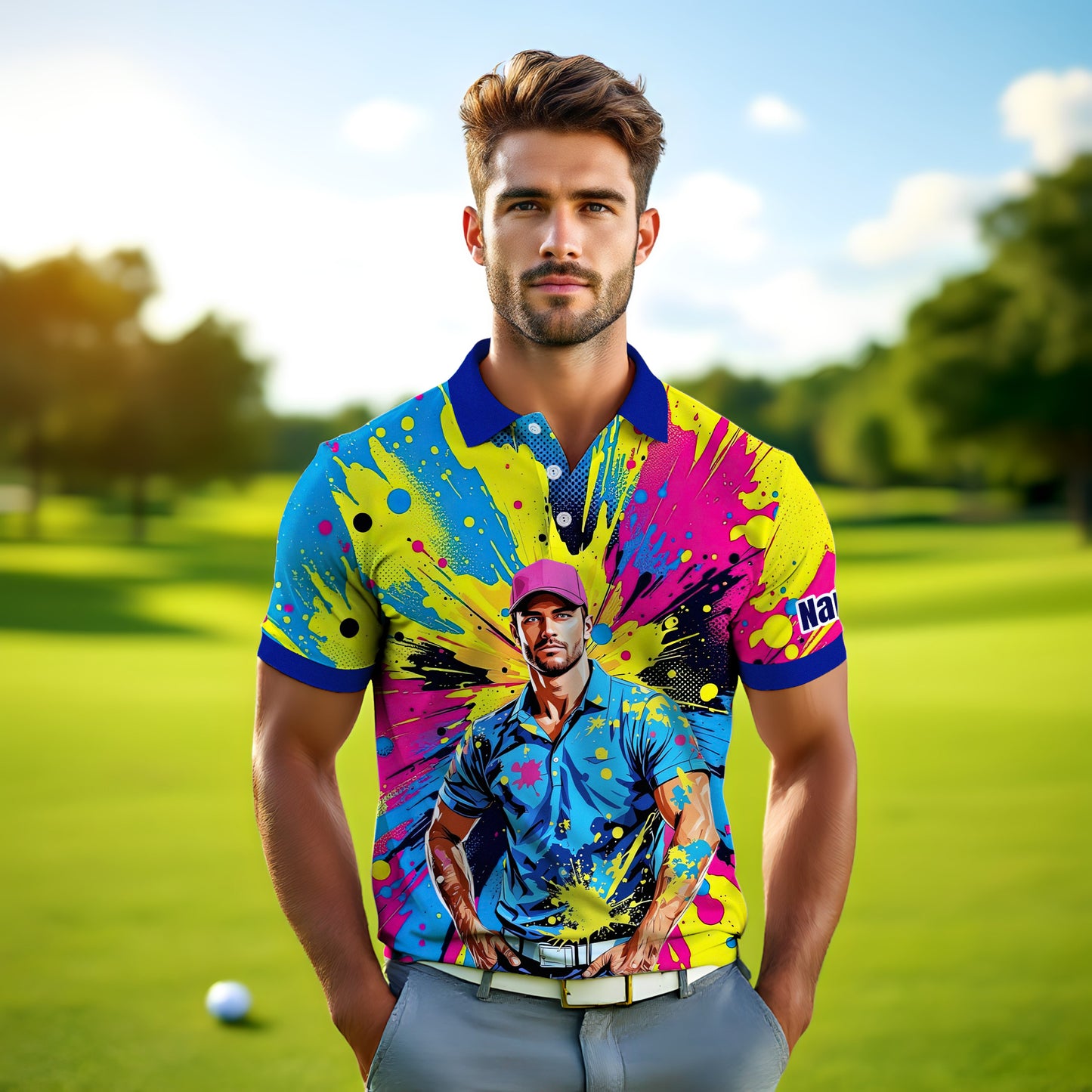 HomyGifts Men's Customized Face Artistic Golf Polo Shirt, Personalized Pop Art Golf Polo, Portrait Gift for Golfers Style 13