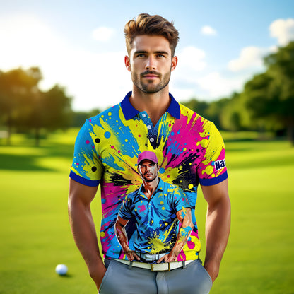 HomyGifts Men's Customized Face Artistic Golf Polo Shirt, Personalized Pop Art Golf Polo, Portrait Gift for Golfers Style 13