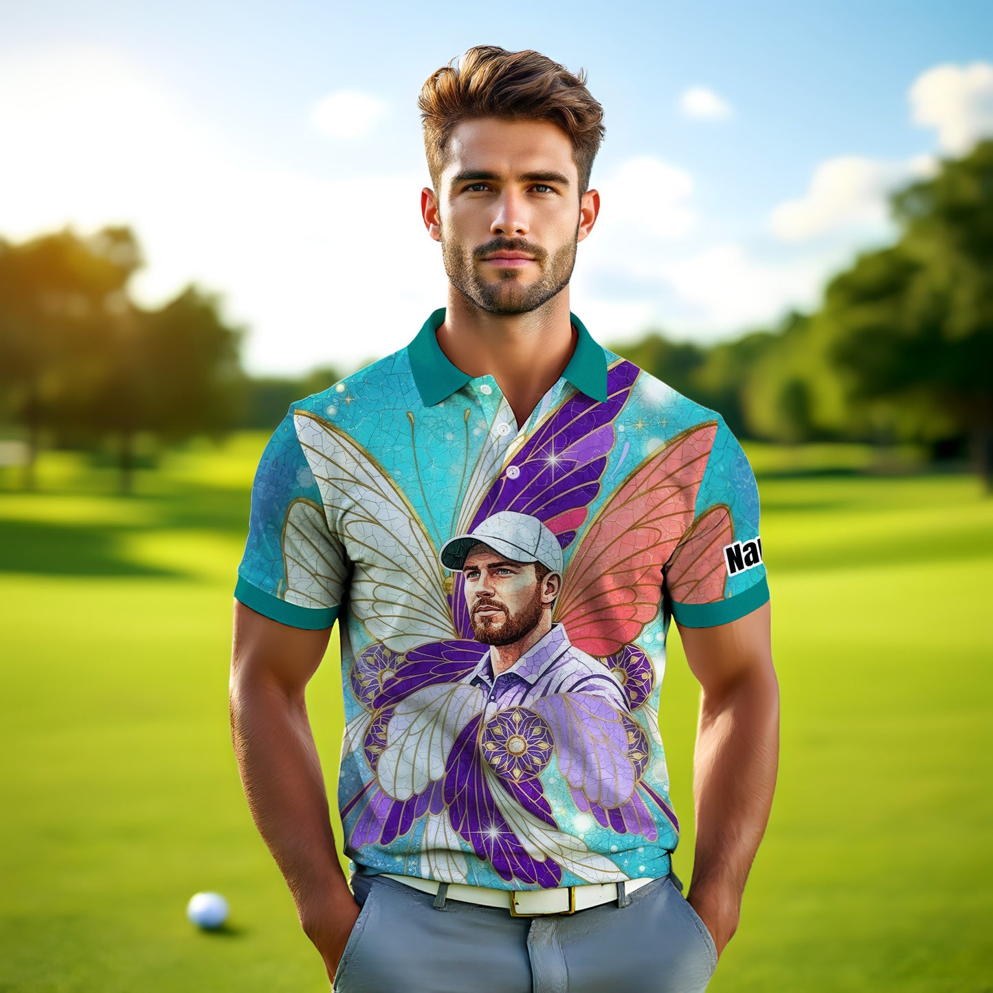 Custom Face Butterfly Golf Polo Shirt – Personalized Spring Mirage Art Style – Unique Gift for Him, Nature Inspired Men's Shirt Style 2
