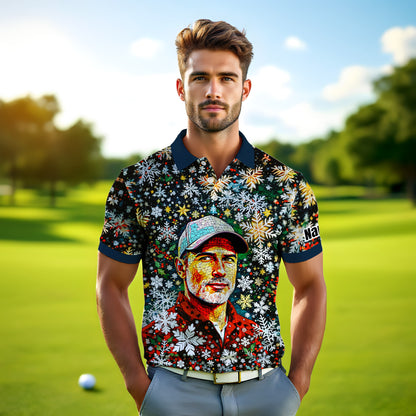 Personalized Christmas Golf Polo Shirt with Your Face – Custom Photo Holiday Shirt – Unique Mosaic Art Xmas Gift for Men, Custom Golf Apparel Style 2