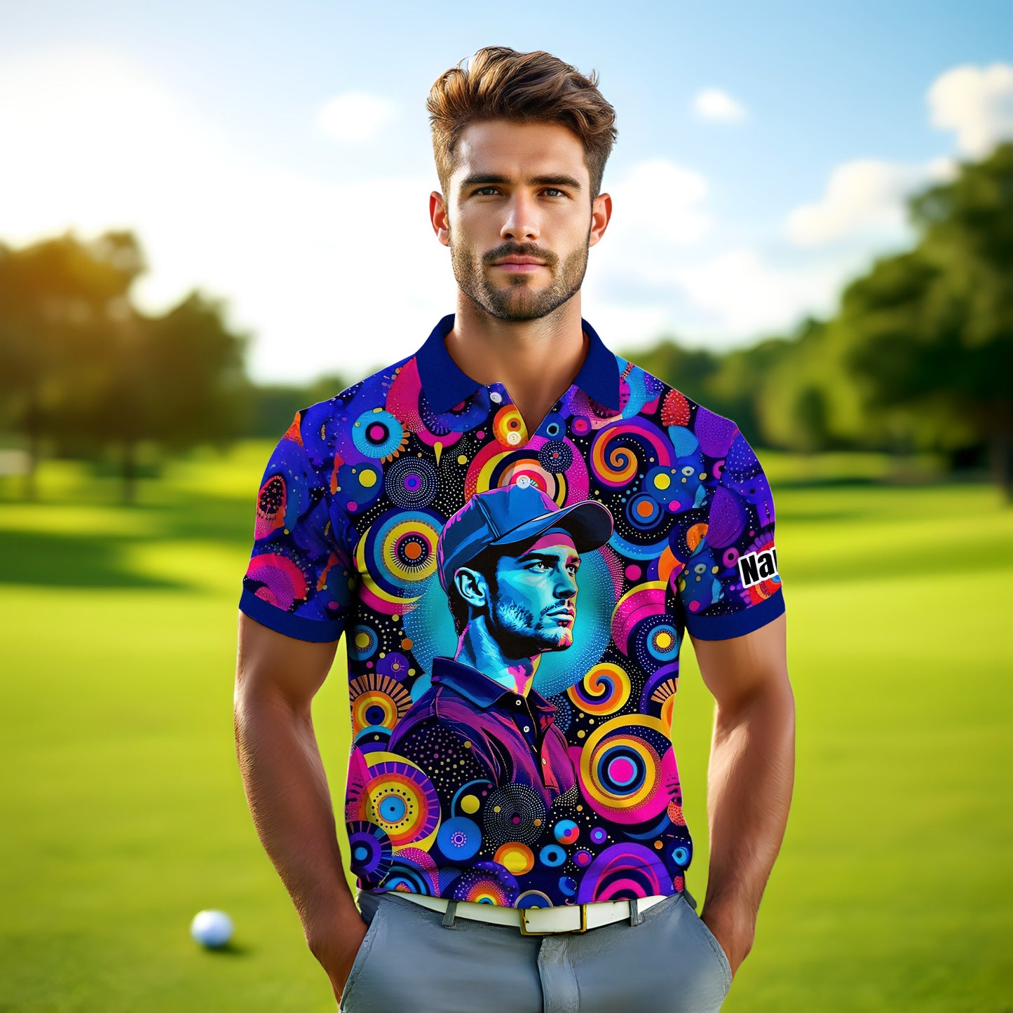 HomyGifts Custom Face Polo Shirt – Personalized Abstract Geometric Art Photo Shirt, Unique Gift for Him & Her