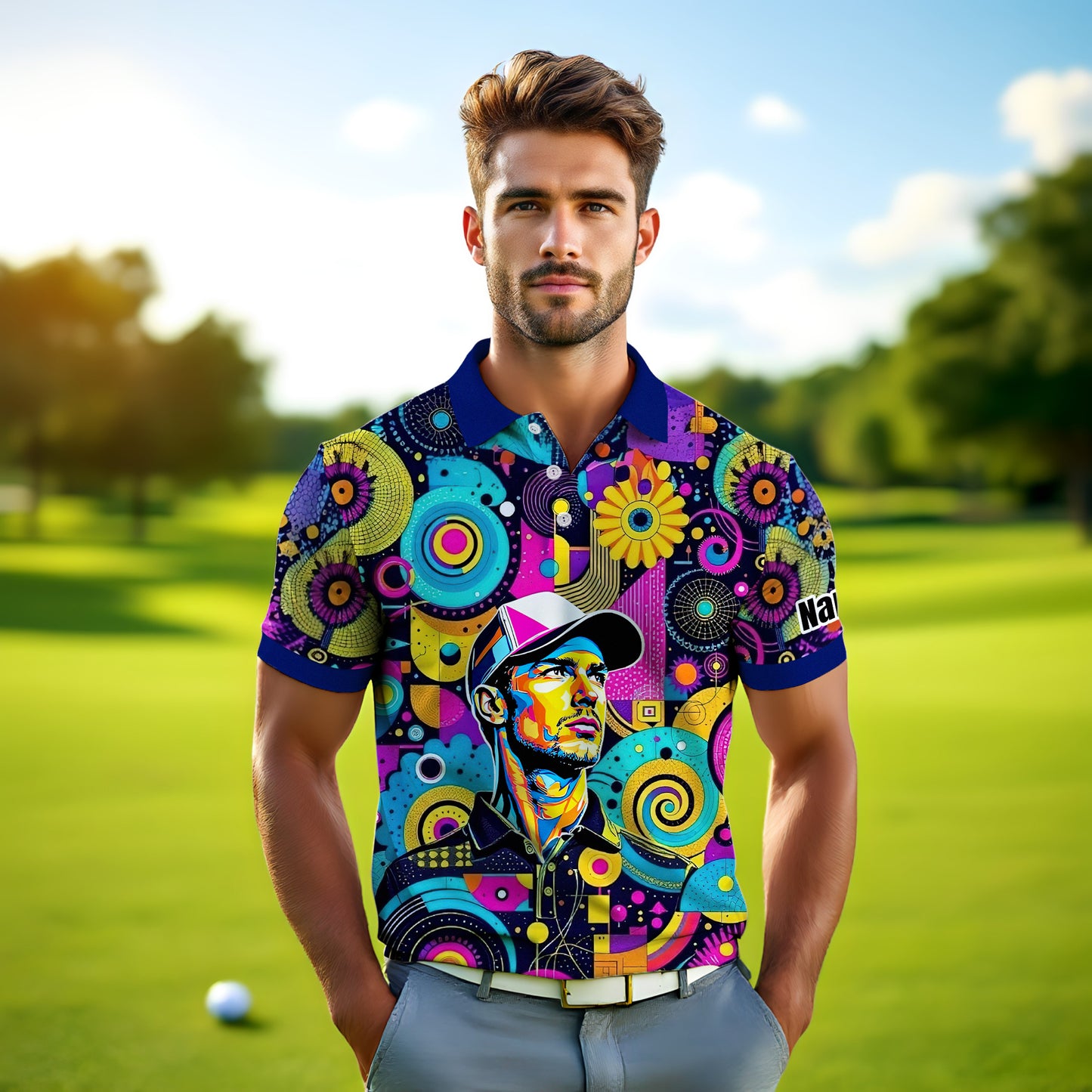 HomyGifts Custom Face Polo Shirt – Personalized Abstract Geometric Art Photo Shirt, Unique Gift for Him & Her