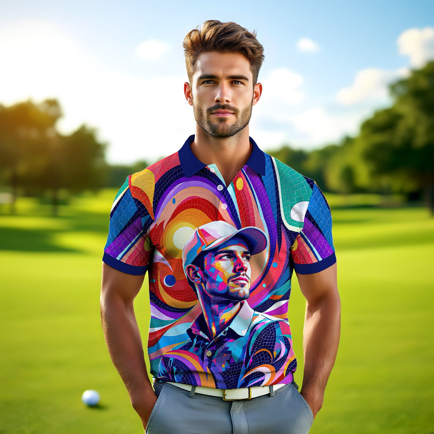 HomyGifts Men's Customized Face Artistic Golf Polo Shirt, Mosaic Art Style, Unique Personalized Golf Polo For Men Style 5