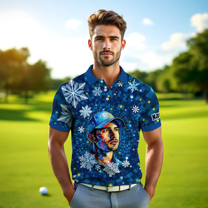 Custom Face Golf Polo Shirt – Personalized Christmas Golf Shirt for Him, Unique Holiday Gift for Golfer, Snowflake Design Golf Apparel Style 7