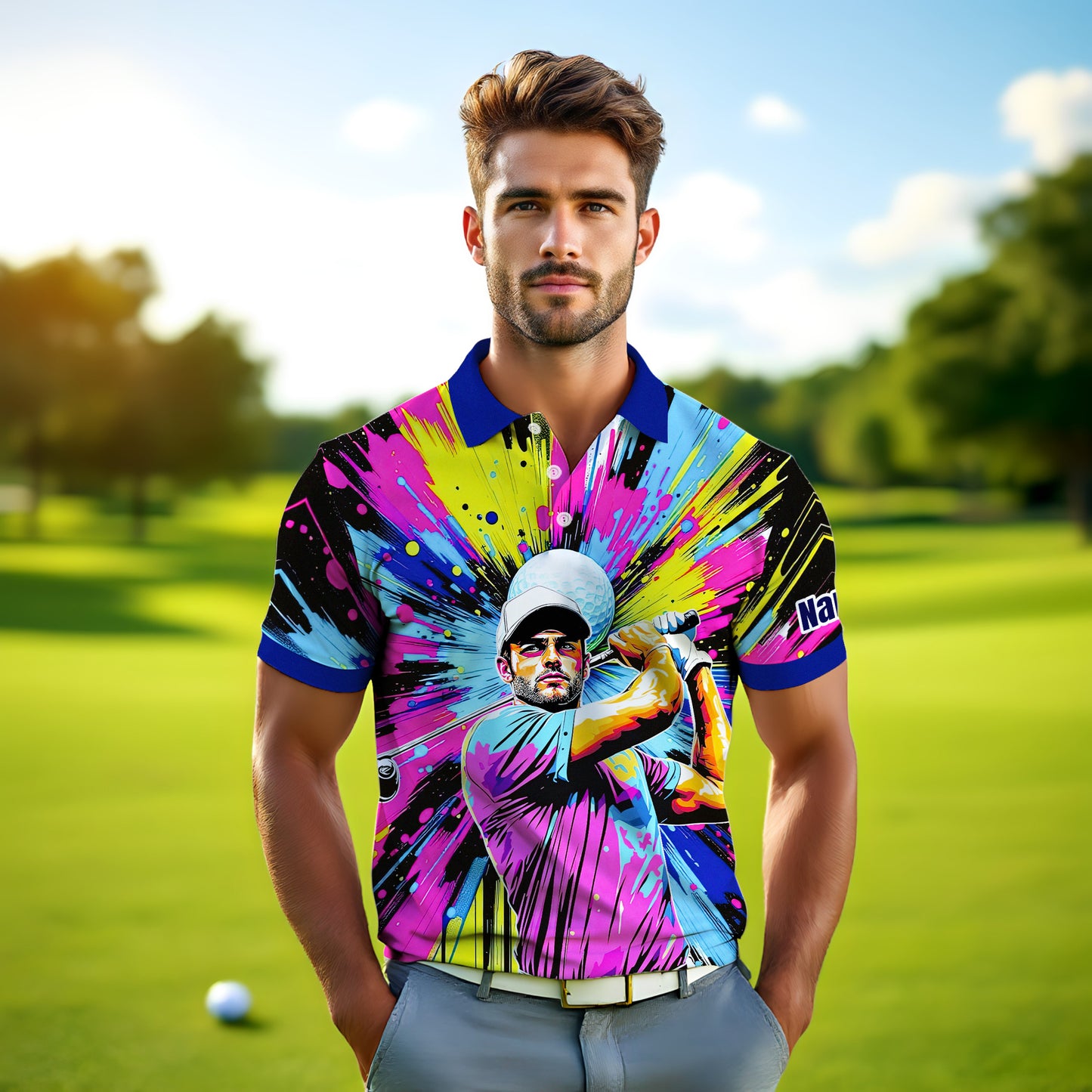 HomyGifts Men's Customized Face Artistic Golf Polo Shirt, Personalized Pop Art Golf Polo, Portrait Gift for Golfers Style 21