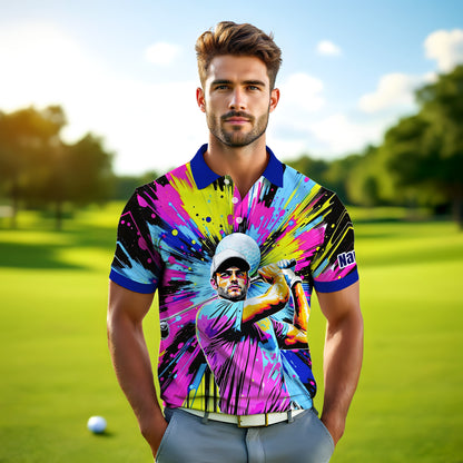 HomyGifts Men's Customized Face Artistic Golf Polo Shirt, Personalized Pop Art Golf Polo, Portrait Gift for Golfers Style 21
