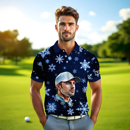 Custom Face Golf Polo Shirt – Personalized Christmas Golf Shirt for Him, Unique Holiday Gift for Golfer, Snowflake Design Golf Apparel Style 4