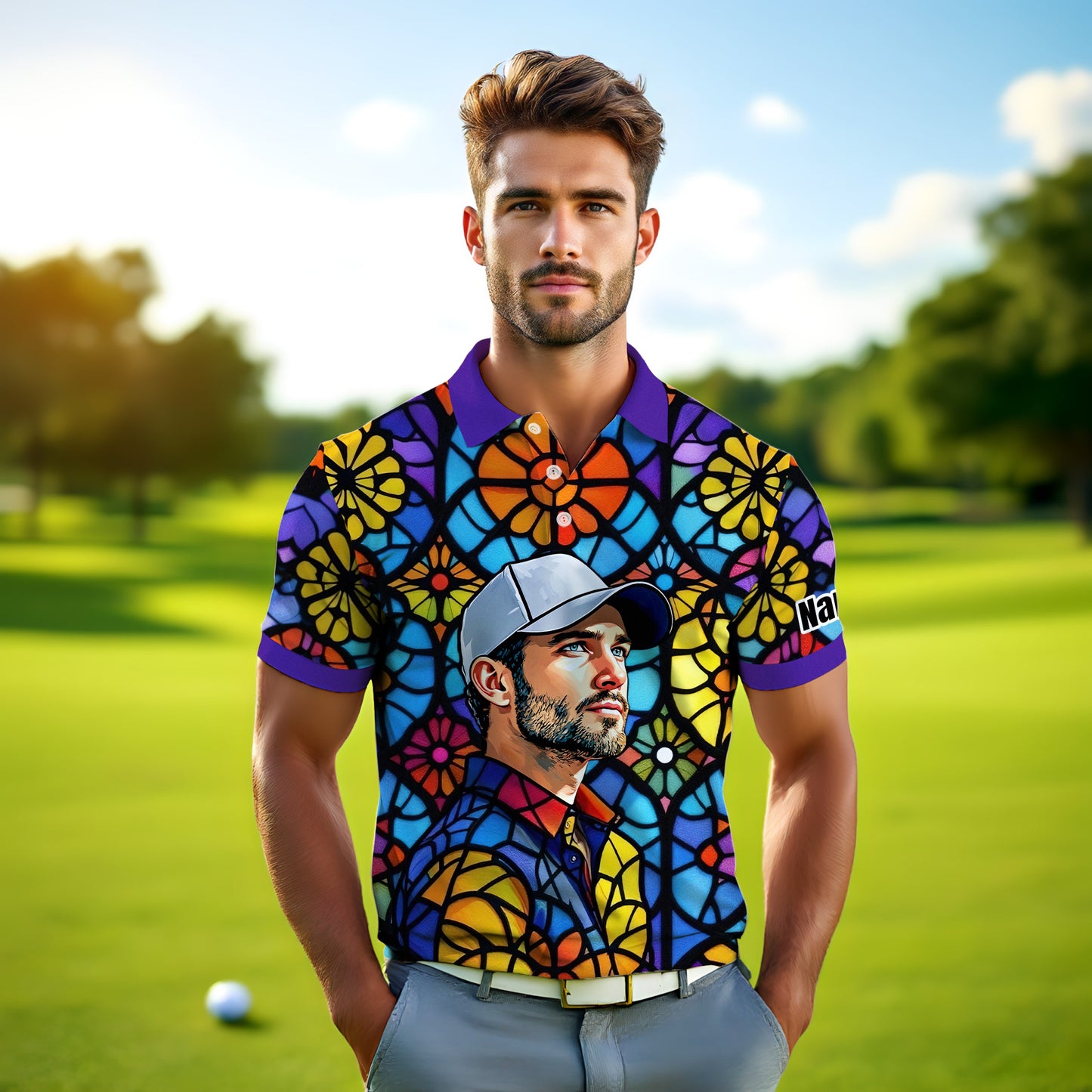 Custom Face Golf Polo Shirt – Personalized Stained Glass Art Shirt, Unique Golf Gift for Him, Colorful Abstract Golf Polo, Custom Sportswear