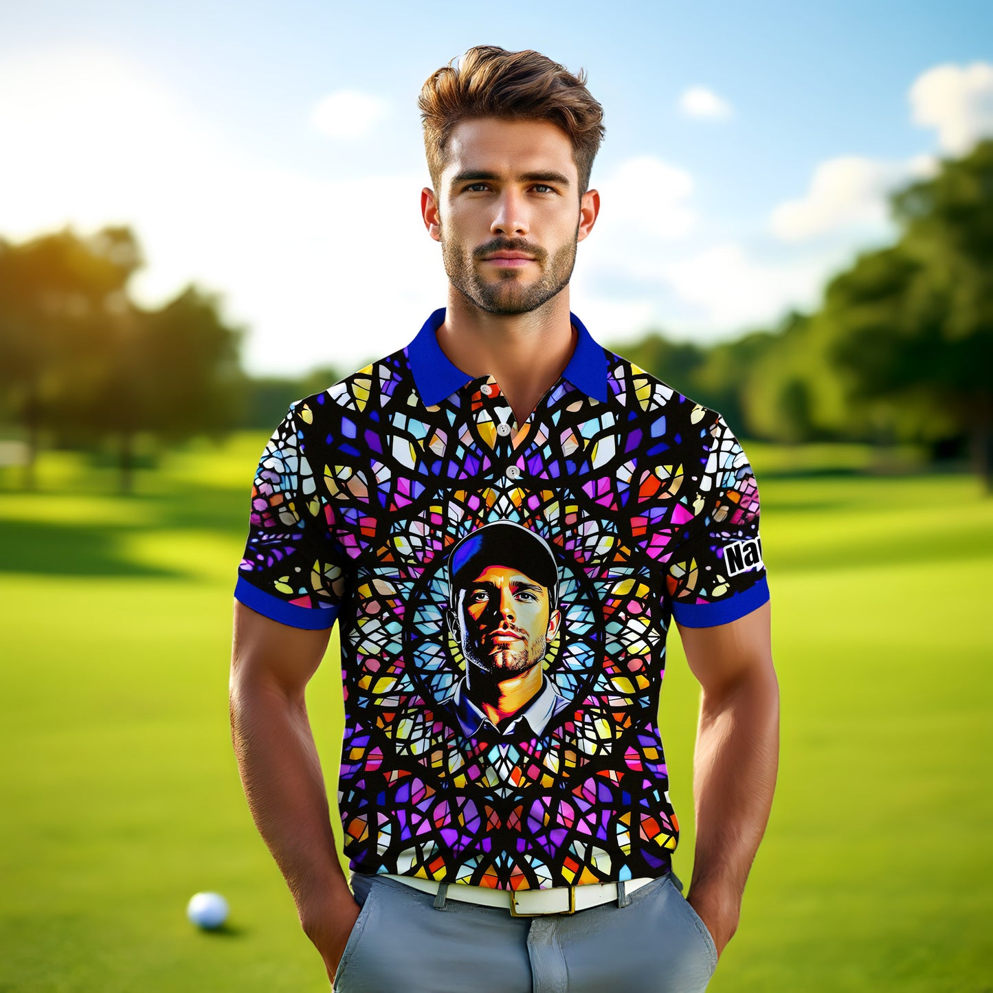 Custom Face Golf Polo Shirt – Personalized Stained Glass Mandala Style Polo, Unique Gift for Men & Women, Vibrant Artistic Golf Shirt, Custom Photo Polo