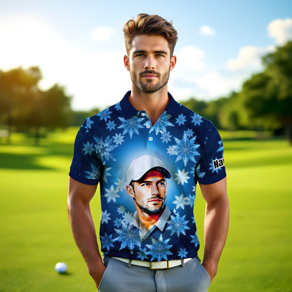 Custom Face Golf Polo Shirt – Personalized Christmas Golf Shirt for Him, Unique Holiday Gift for Golfer, Snowflake Design Golf Apparel Style 9