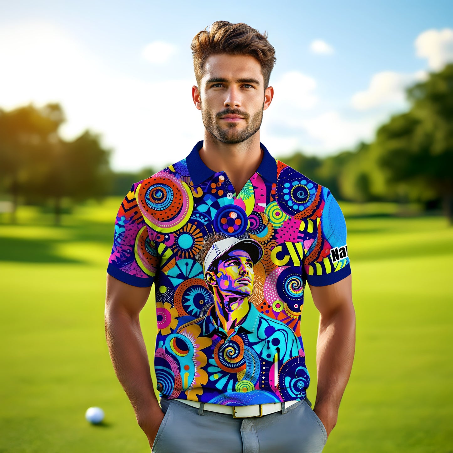 HomyGifts Custom Face Polo Shirt – Personalized Abstract Geometric Art Photo Shirt, Unique Gift for Him & Her
