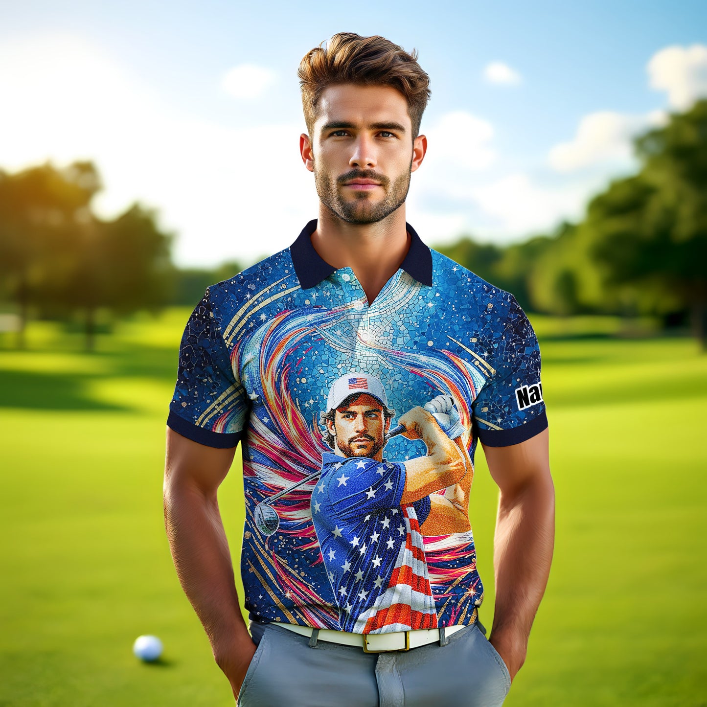 Custom Face Patriotic Golf Polo Shirt – Personalized USA Flag Design – American Pride Gift for Him – Mosaic Art Golf Shirt Style 8