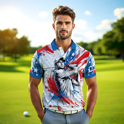 HomyGifts Men's Customized Face Artistic Golf Polo Shirt, Personalized American Flag Design, Unique Gift for Patriotic Golfers Style 21