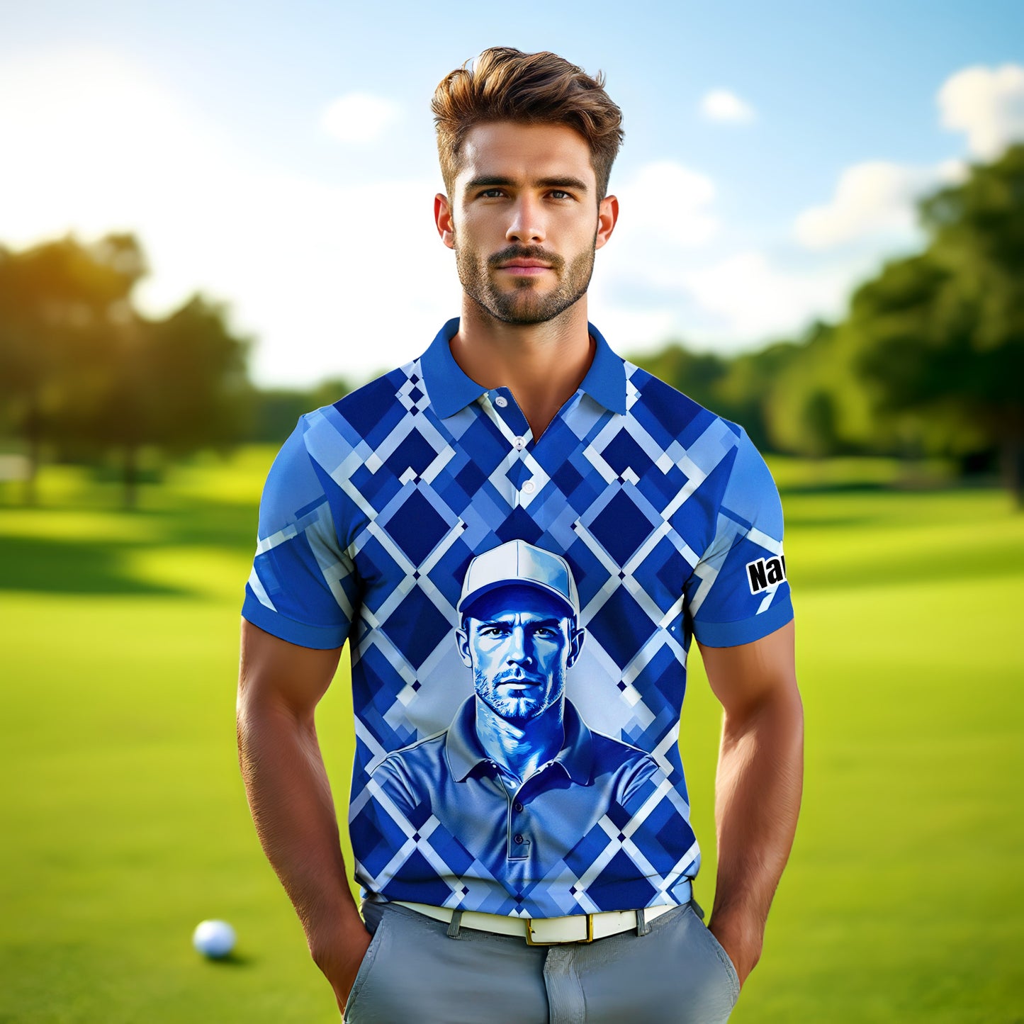 Custom Face Polo Shirt – Geometric Diamond Pattern | Personalized Photo Golf Polo | Unique Gift for Him, Retro Geometric Style Shirt Style 9