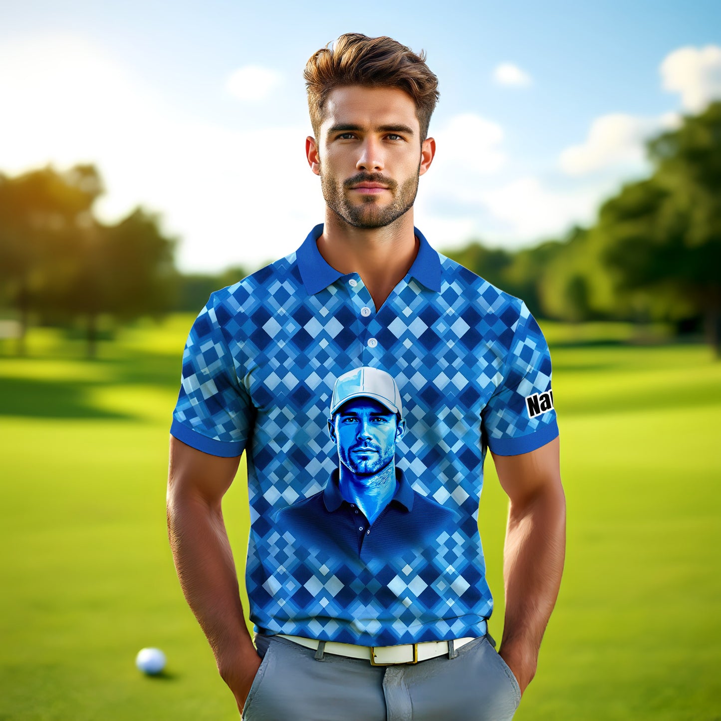 Custom Face Polo Shirt – Geometric Diamond Pattern | Personalized Photo Golf Polo | Unique Gift for Him, Retro Geometric Style Shirt Style 15