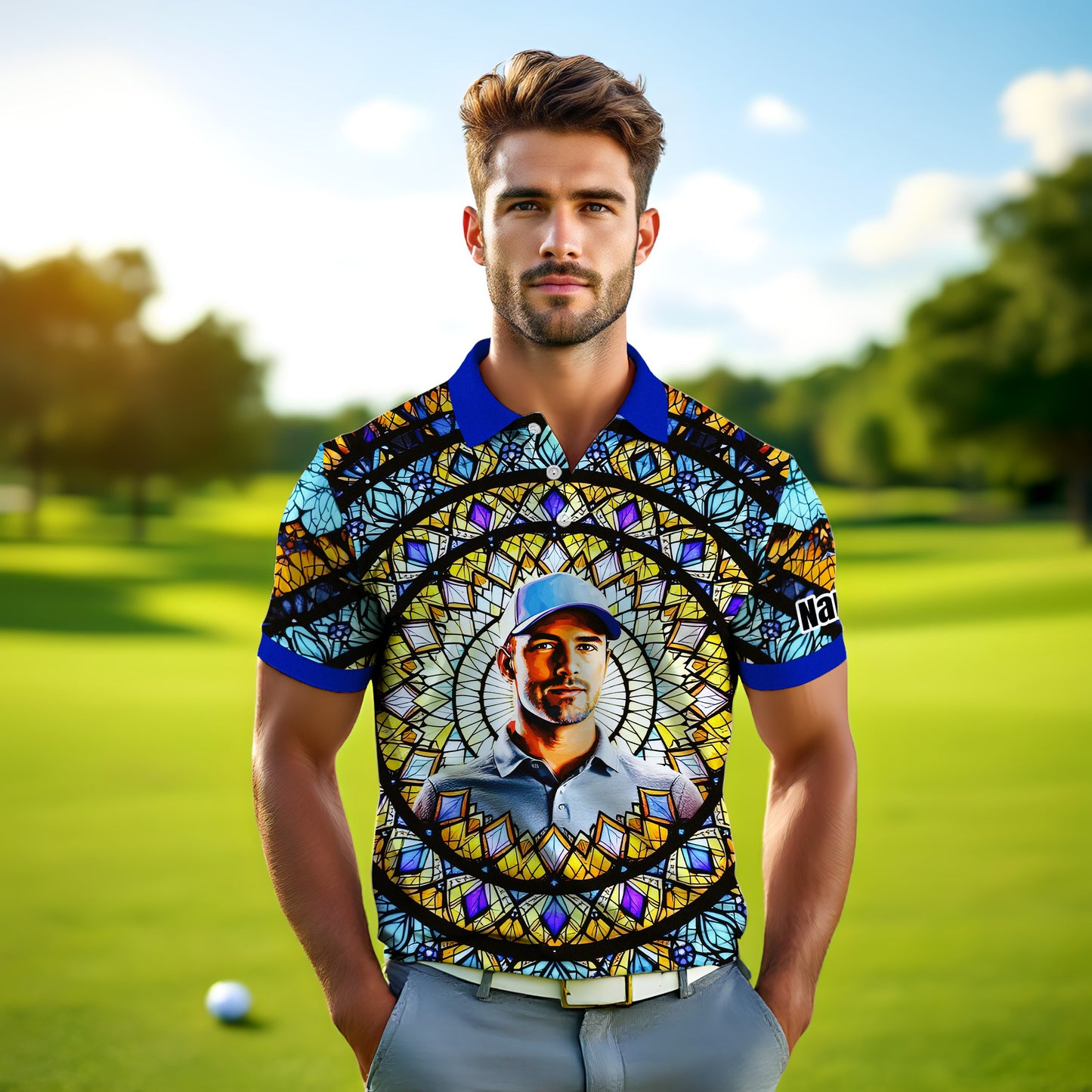 Custom Face Golf Polo Shirt – Personalized Stained Glass Mandala Style Polo, Unique Gift for Men & Women, Vibrant Artistic Golf Shirt, Custom Photo Polo