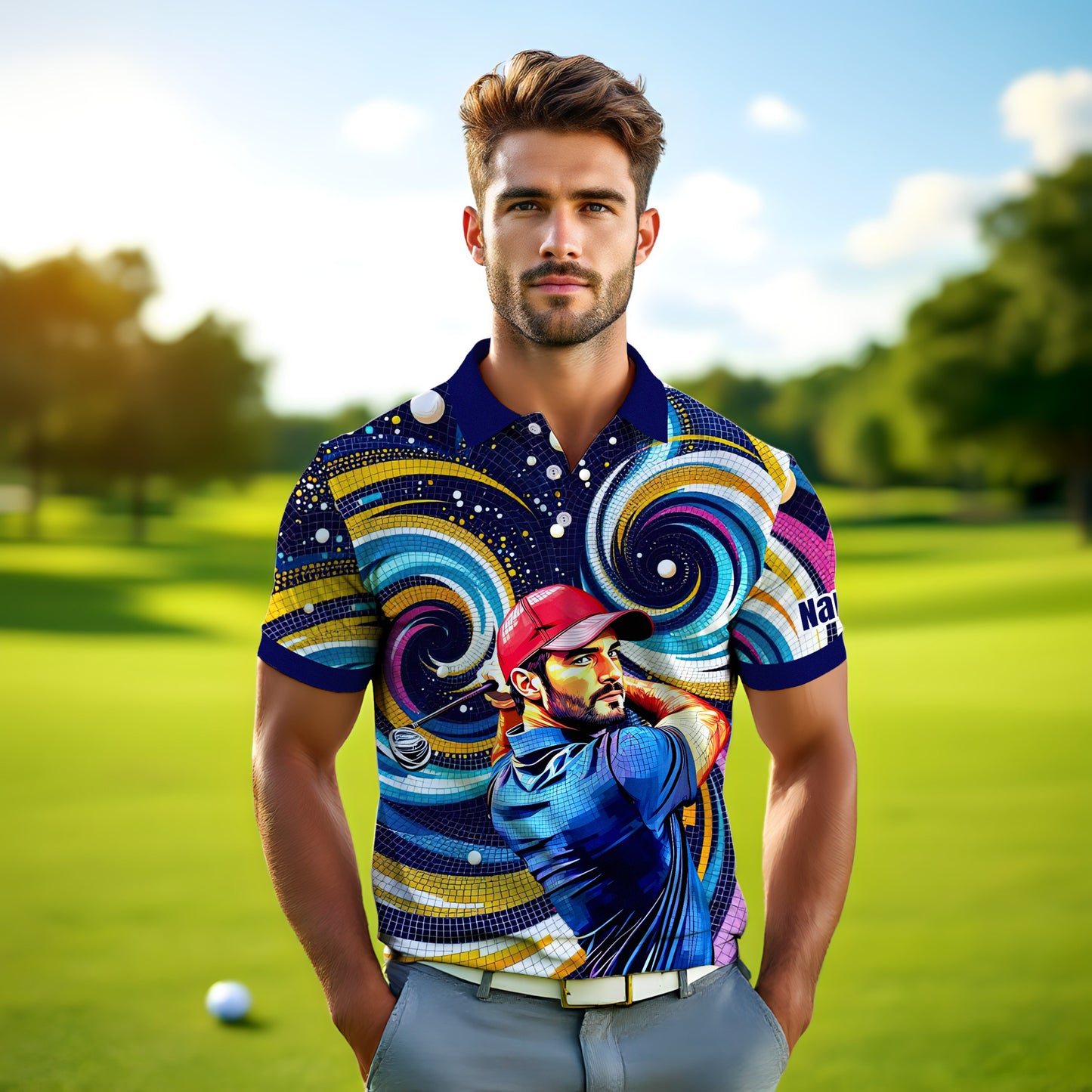 HomyGifts Men's Customized Face Artistic Golf Polo Shirt, Mosaic Art Style, Unique Personalized Golf Polo For Men Style 18