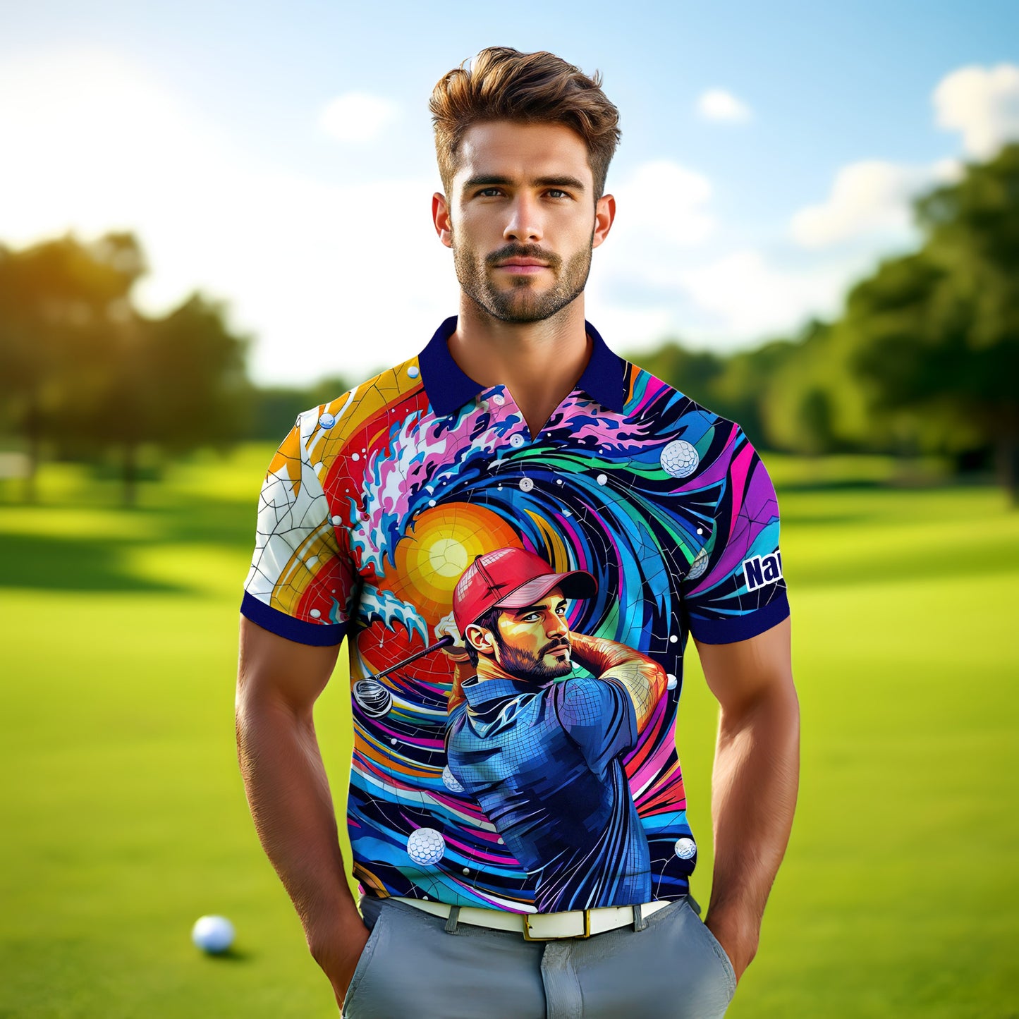 HomyGifts Men's Customized Face Artistic Golf Polo Shirt, Mosaic Art Style, Unique Personalized Golf Polo For Men Style 12