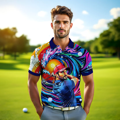 HomyGifts Men's Customized Face Artistic Golf Polo Shirt, Mosaic Art Style, Unique Personalized Golf Polo For Men Style 12