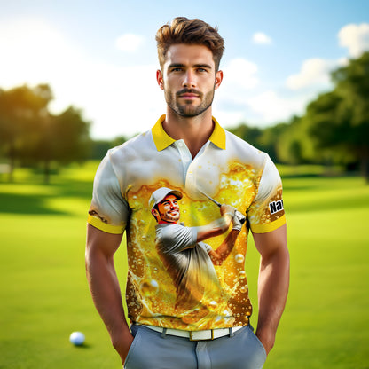 HomyGifts Men's Customized Face Artistic Golf Polo Shirt, Beer pattern Design, Special Gift for Beer & Golf Lovers, Summer Party Outfit, Unique Gift for Men Style 15