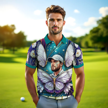 Custom Face Butterfly Golf Polo Shirt – Personalized Spring Mirage Art Style – Unique Gift for Him, Nature Inspired Men's Shirt Style 7