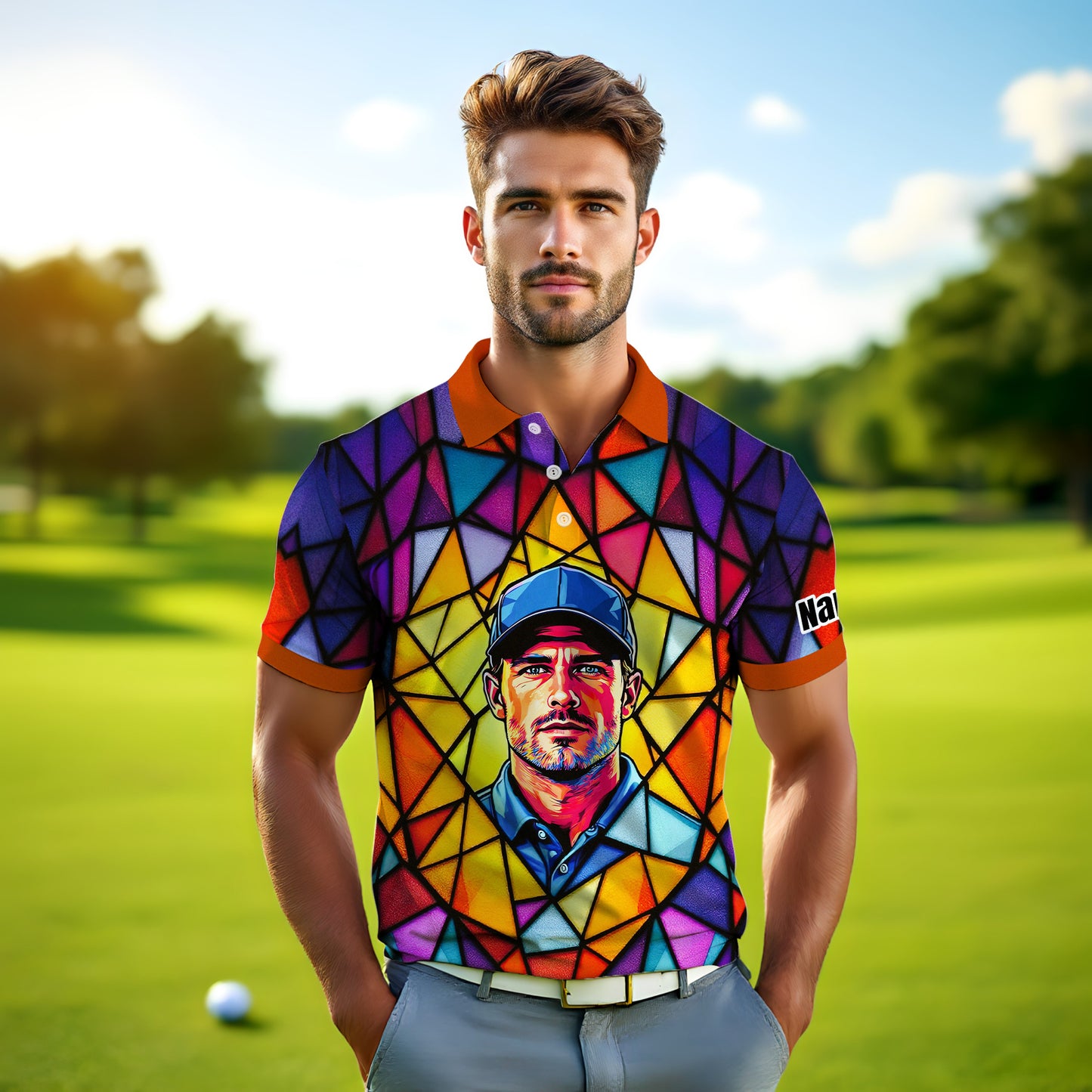 HomyGifts Men's Customized Face Artistic Golf Polo Shirt, Angular Geometric Glass Pattern, Stained-Glass Mosaic Print, Personalized Sublimation Golf Shirt, Vibrant Geometric Portrait Tee