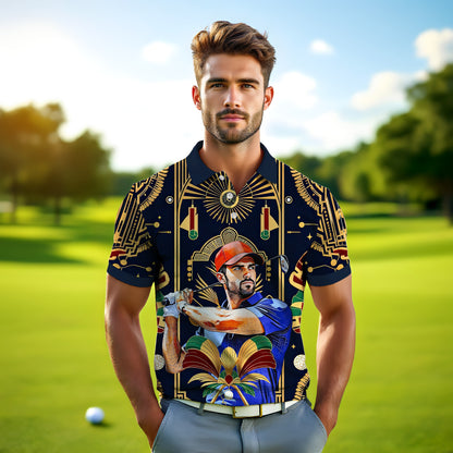Custom Face Golf Polo Shirt – Swing in Gold Art Deco Revival Style | Personalized Golf Shirt for Men Style 10